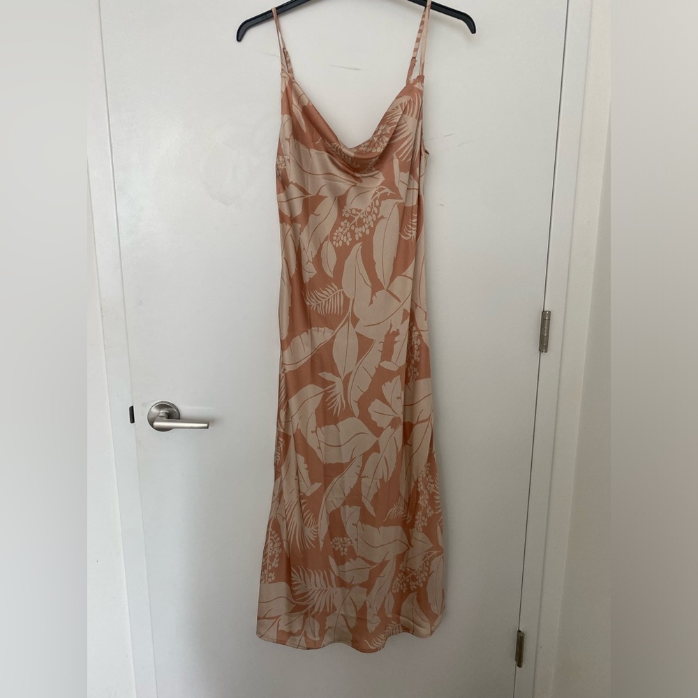 NWT Pink Palm Print Cowl Neck Satin Midi Dress